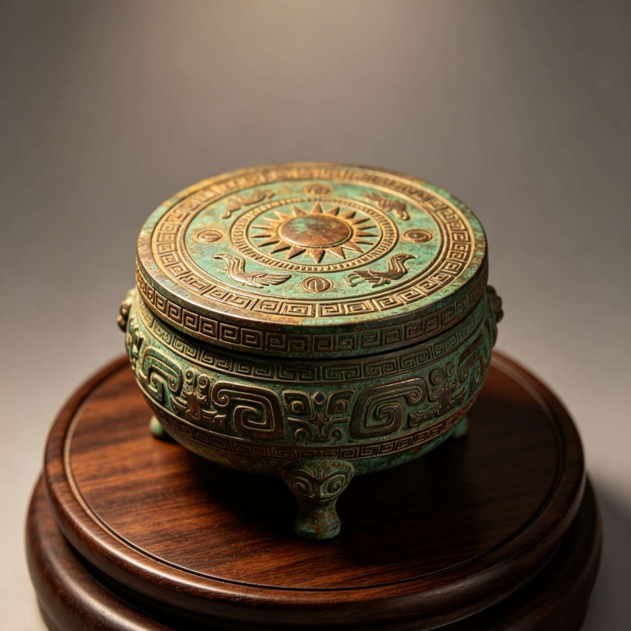 Chinese bronze-inspired artwork on a round dark wood display base