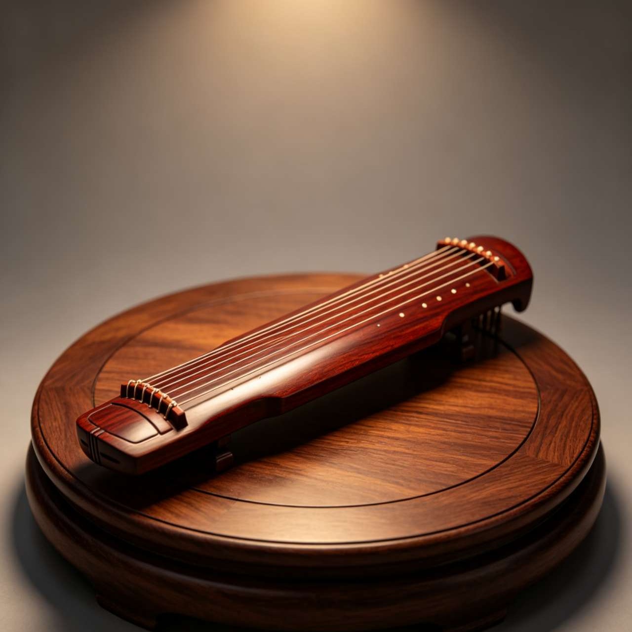 Guqin artwork on a round dark wood display base