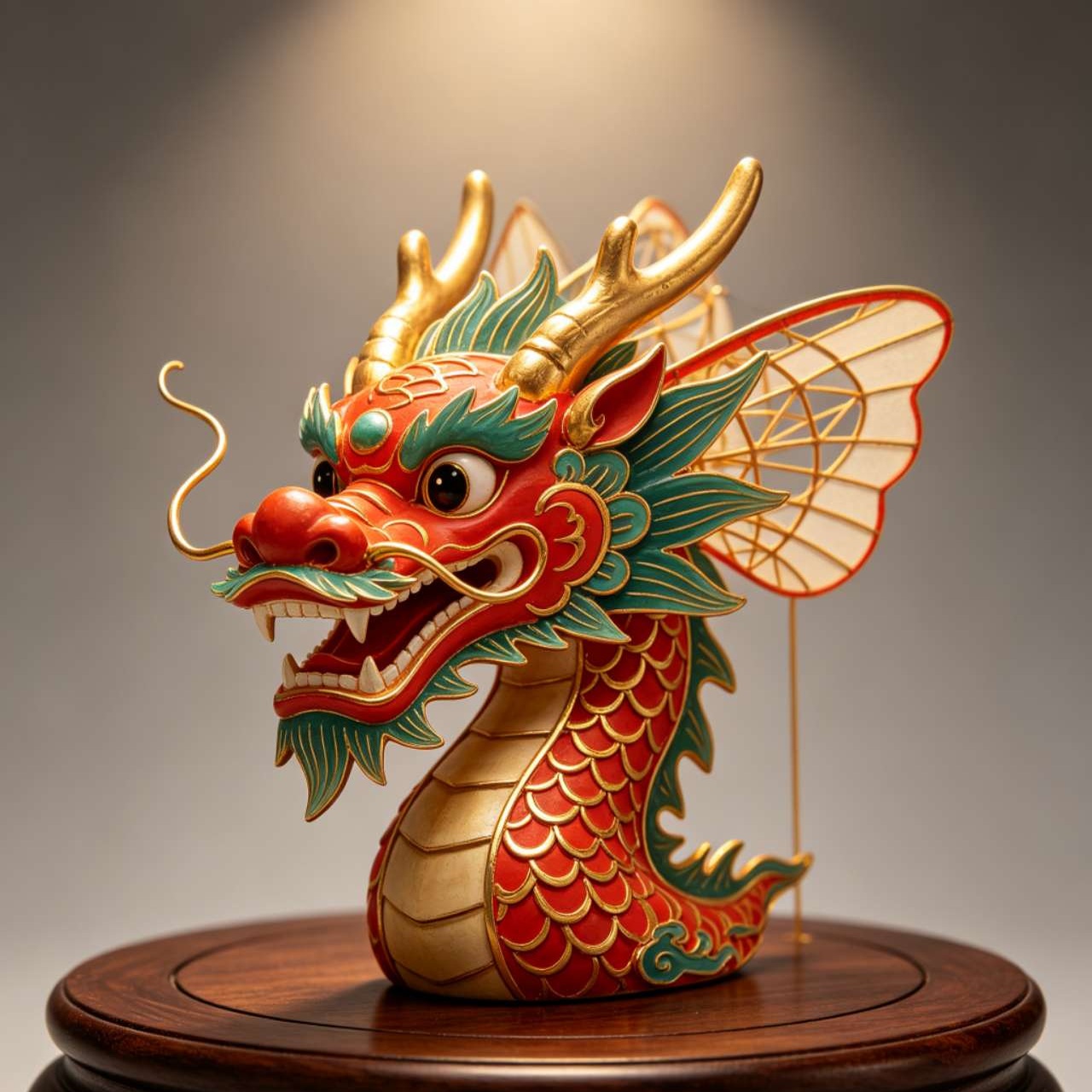 Chinese dragon lantern artwork on a round dark wood display base