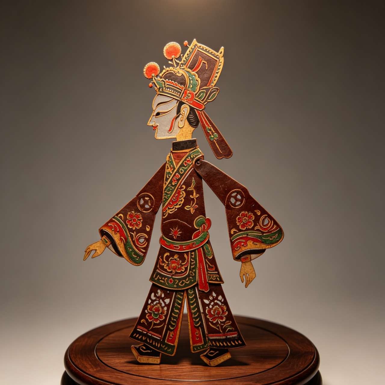 Chinese shadow puppet artwork on a round dark wood display base